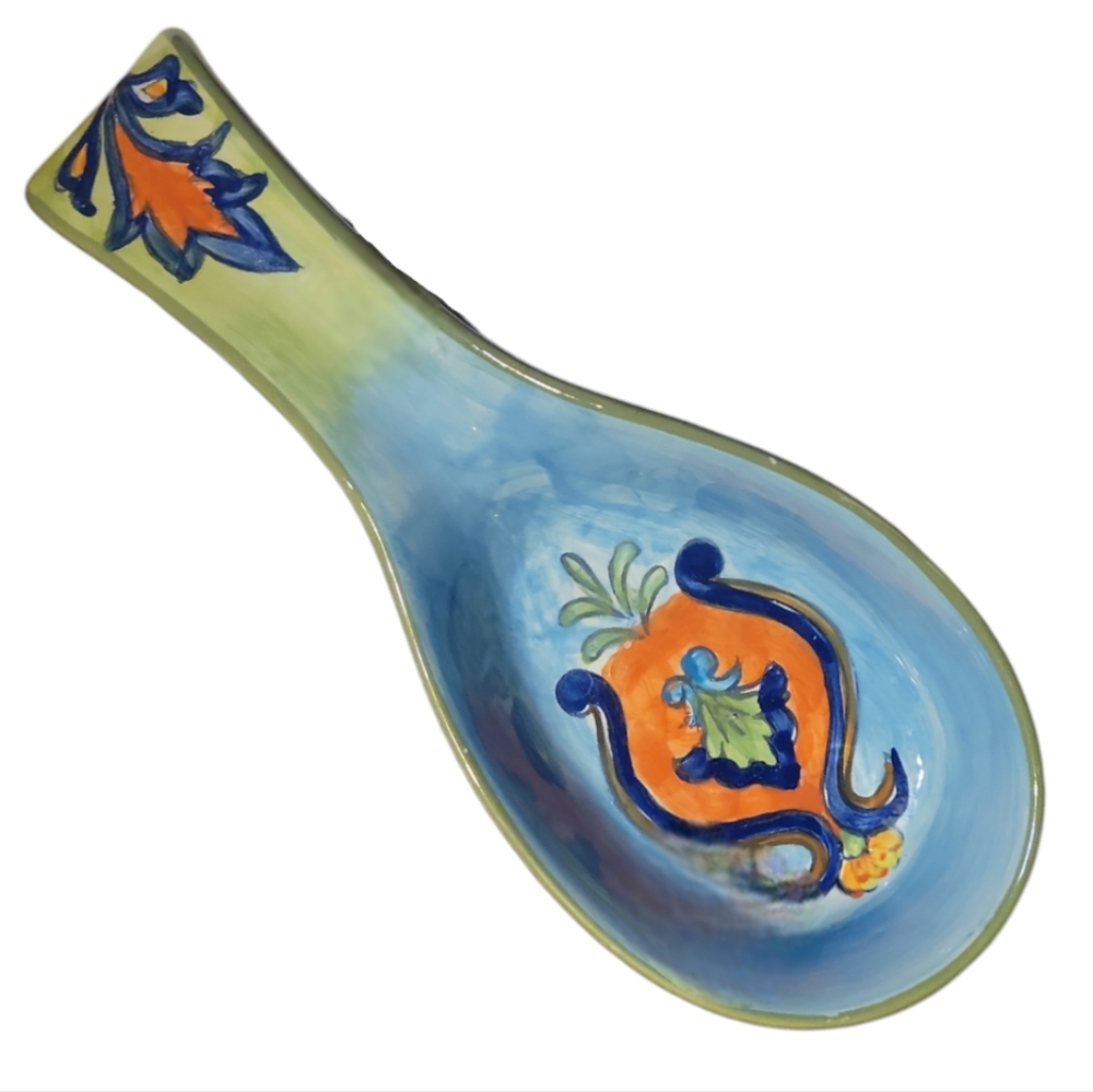 Vtg Maxcera Orange Talavera Pottery Ceramic Large Spoon Rest Floral Sauce Dip
